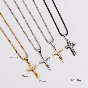 Minimalist stainless steel cross necklace set in gold, silver, and black finishes