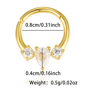 Vue détaillée du piercing nez en argent S925 avec zircon poire et dimensions
