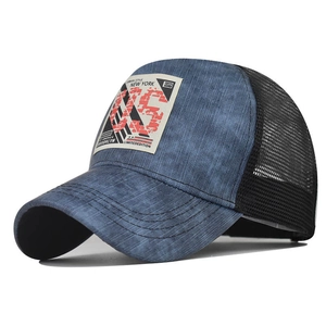 Retro denim trucker hat with New York Brooklyn patch and breathable black mesh back