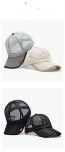 Detail of breathable large mesh fabric and premium letter embroidery on trucker caps