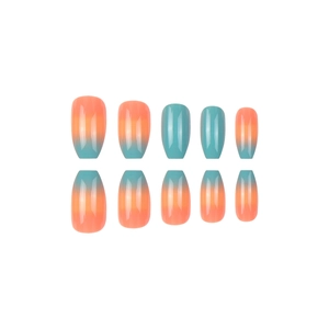 Gradient orange and blue short ballerina press-on nails with a glossy finish