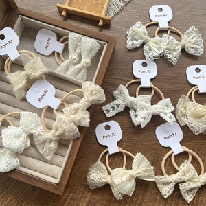 Lace Bow Scrunchies Set Sweet Floral Mesh Hair Ties With Artificial Pearl Elegant Cream White Hair Accessories For Women