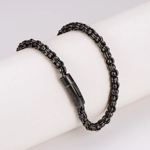 Minimalist dark grey stainless steel braided chain bracelet with cylindrical clasp