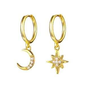 S925 silver needle gold moon and star hoop earrings with sparkling crystal accents
