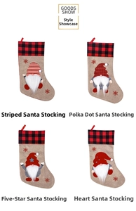 Detail of four Nordic gnome Christmas stockings with buffalo plaid and hanging loops