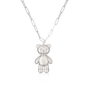 Chic silver 3D bear pendant necklace with modern rectangular link chain on white background