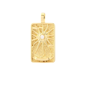 Gold-plated rectangular tarot card pendant with sun relief and sparkling white zircon stone
