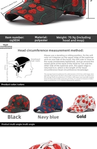 Detailed size guide and cherry embroidery specs for this polyester baseball cap