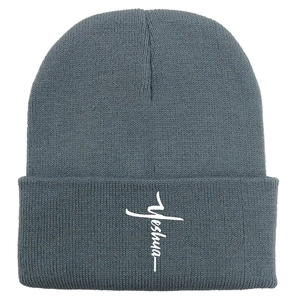 Grey Yeshua letter embroidery beanie for men and women with cross artistic font