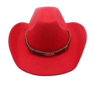 Detail view of red western cowboy hat with brown braided band and gold feather ornament