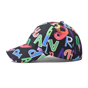 Graffiti style cotton baseball cap with colorful letter print on black fabric