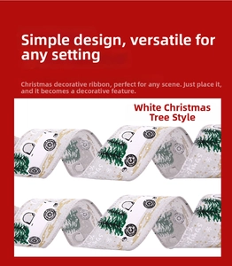 Close-up of 6m white Christmas ribbon with green trees and Merry Christmas text
