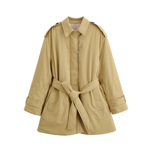 Classic khaki mid-length trench coat with lapel, waist belt, and shoulder straps design