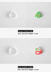 Detail view of 1.5cm high mini Christmas sweater and hot cup cookie cutters with dimensions