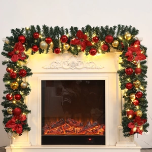Christmas Artificial Pine Garland With Red Gold Ball Ornaments And Poinsettia Flowers For Fireplace Stairs Wall Decor