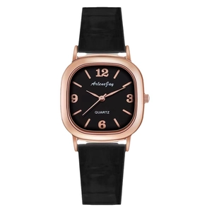 Elegant square women's quartz watch with rose gold case and black dial on white background