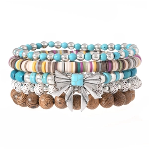 Five-piece multilayer beaded bracelet set with turquoise, wood beads and silver bow charm