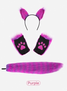 Ensemble détaillé d'oreilles de renard en peluche violette, pattes et queue pour Halloween