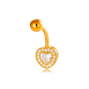 Golden heart-shaped navel ring with sparkling clear crystals on a white background