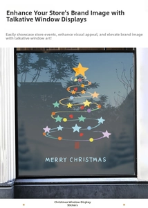 Detail of Christmas tree window sticker with colorful stars and Merry Christmas text