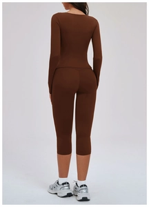 Back view of brown long sleeve yoga set showing high-stretch fabric and slim fit design