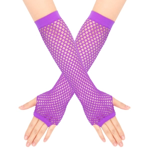 Detail of purple fishnet gloves with finger holes on model's arms in crossed pose