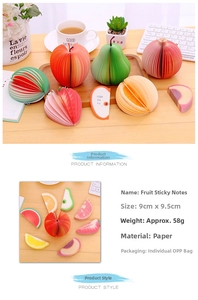 Macro detail of apple shaped 3D sticky notes with 9cmx9.5cm size and 58g weight specs