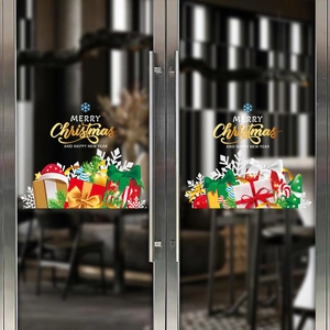 Merry Christmas glass stickers with red gift boxes and green ribbons for window decor