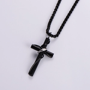 Minimalist black stainless steel cross pendant necklace with silver ring and woven rope chain