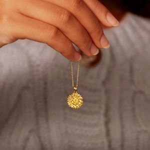 Minimalist S925 sterling silver sunflower necklace with yellow gemstone worn by model
