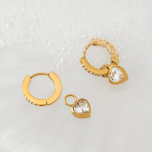 Elegant 18K gold stainless steel hoop earrings with sparkling heart zircon pendants
