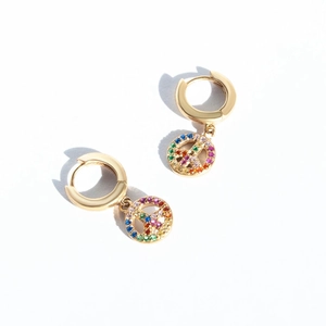 S925 silver needle gold hoop earrings with colorful zircon paved peace sign pendant
