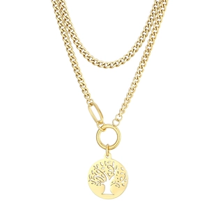 Double-layered gold Cuban chain necklace featuring a polished Tree of Life pendant