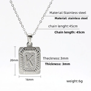 Detail view of square K-letter pendant with 45cm chain length and product dimensions