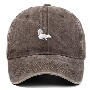 Vintage washed cotton baseball cap with cute squirrel embroidery in dark coffee brown