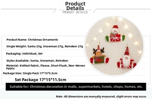 Detailed Christmas hanging ornaments featuring Santa, snowman, and reindeer knit fabric