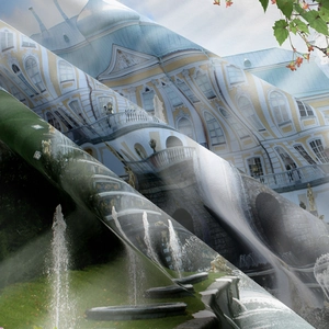 Close-up of landscape tapestry fabric showing twill texture and fountain print