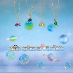 18K gold plated necklace set with colorful crystal dinosaur pendants and matching rings