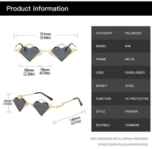 Detailed size chart and specifications for heart-shaped metal frame polarized sunglasses