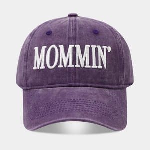 Vintage purple washed cotton baseball cap featuring white MOMMIN embroidery and sun visor