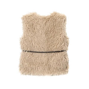 Chic khaki long faux fur vest for women with a slim black belt for a stylish autumn look