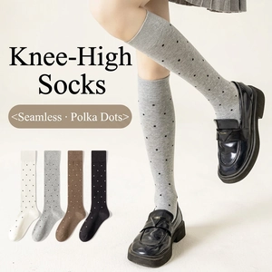 Women Polka Dot Knee High Socks Cotton Blend Seamless Toe Vintage JK Preppy Style Slouch Calf Socks Elastic Cuff
