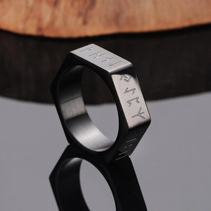 Nordic minimalist black Viking rune hex nut ring in brushed titanium steel for men