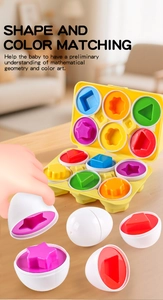 Detail of shape and color matching eggs in a yellow storage box for early education
