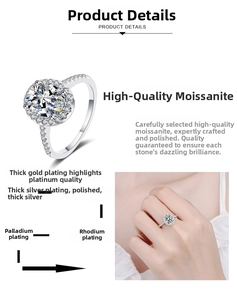 Detail view of S925 sterling silver halo moissanite ring with rhodium plating and polished finish