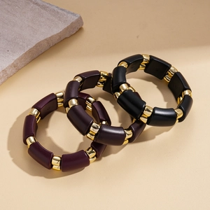 Bohemian acrylic oval linkage bracelet with gold metal spacers in black and deep purple