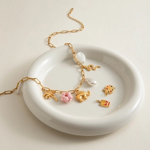18K gold plated stainless steel necklace with pearl palm tree and animal charms