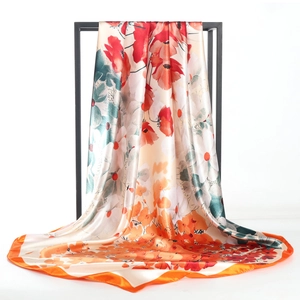 Carré de soie 90cm aux motifs floraux colorés avec bordure orange et design de fleurs d'encre