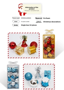 Detailed Christmas ornament set featuring festive bells, gift boxes, and balls in 32 pieces