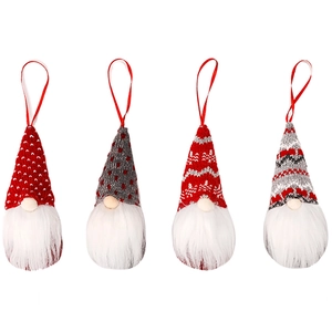 Set of four forest gnome Christmas tree ornaments in red and grey knitted fabric